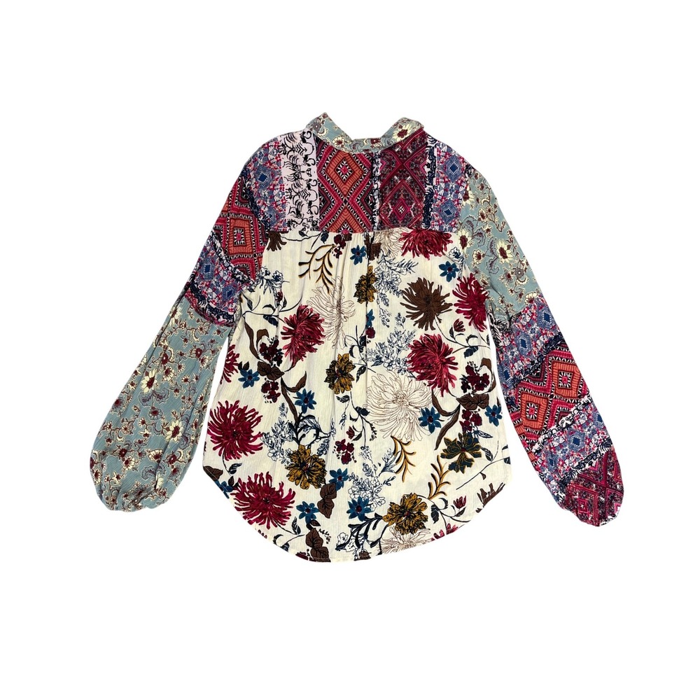 Umgee Boho Floral Patchwork Balloon Sleeve Button Up Shirt Medium Cottage Boho - Picture 2 of 4